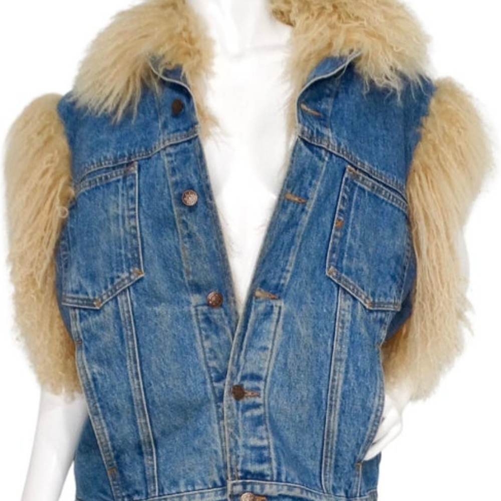 Blue Denim Vest Lined with MANGOLIAN Lamb Fur